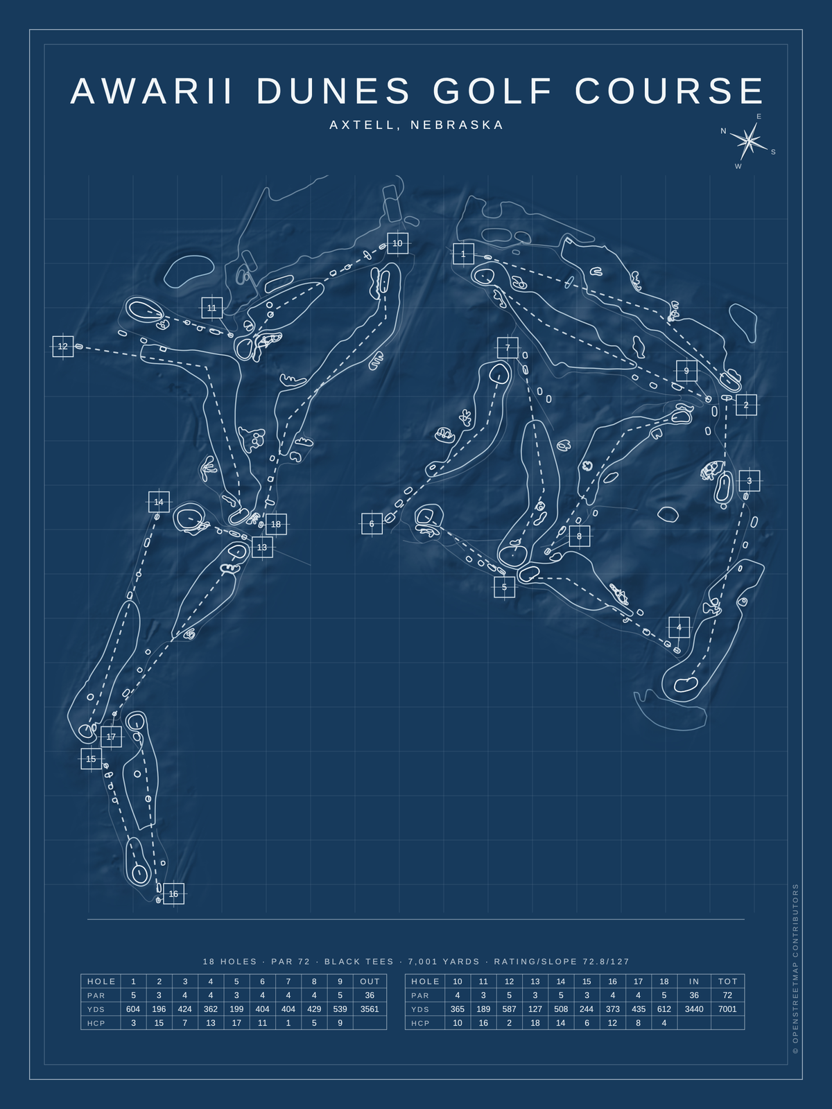 Awarii Dunes Golf Course map poster, Blueprint style, 12×16 / 18×24
