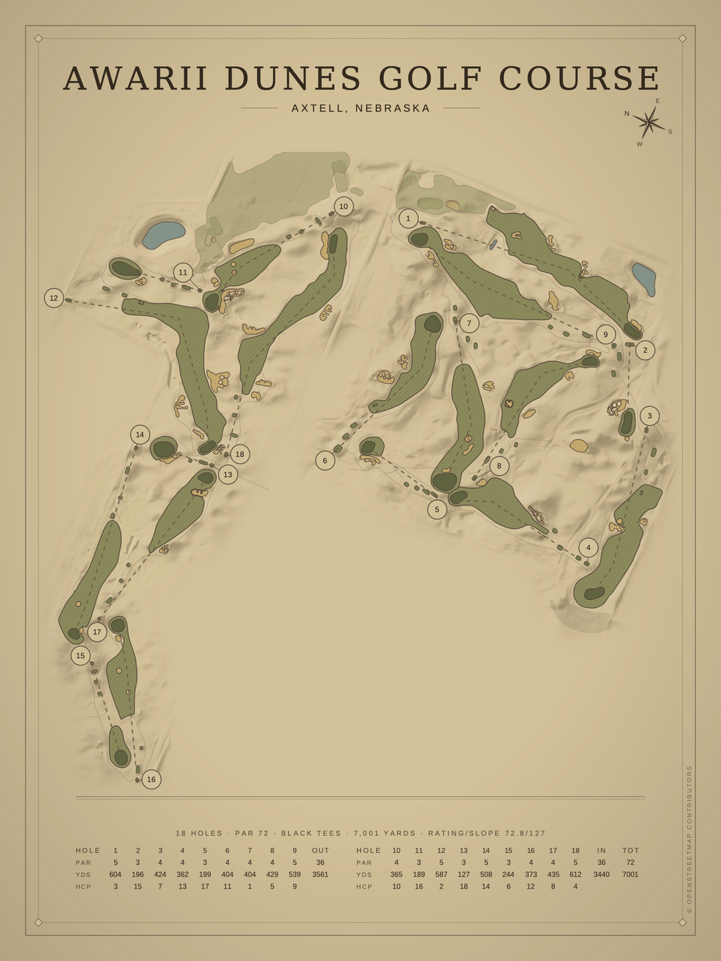 Awarii Dunes Golf Course map poster, Vintage style, 12×16 / 18×24