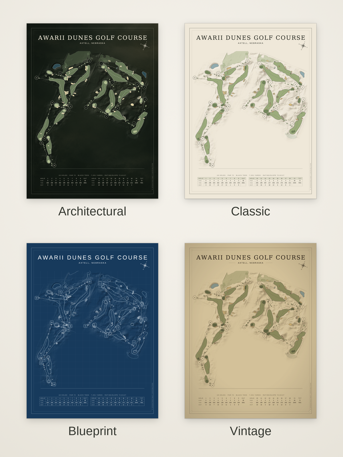 Awarii Dunes Golf Course map poster in four styles: Architectural, Classic, Blueprint and Vintage