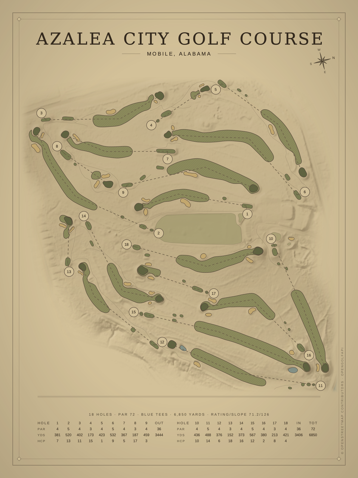 Azalea City Golf Course map poster, Vintage style, 12×16 / 18×24