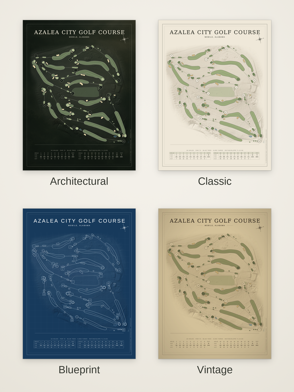Azalea City Golf Course map poster in four styles: Architectural, Classic, Blueprint and Vintage