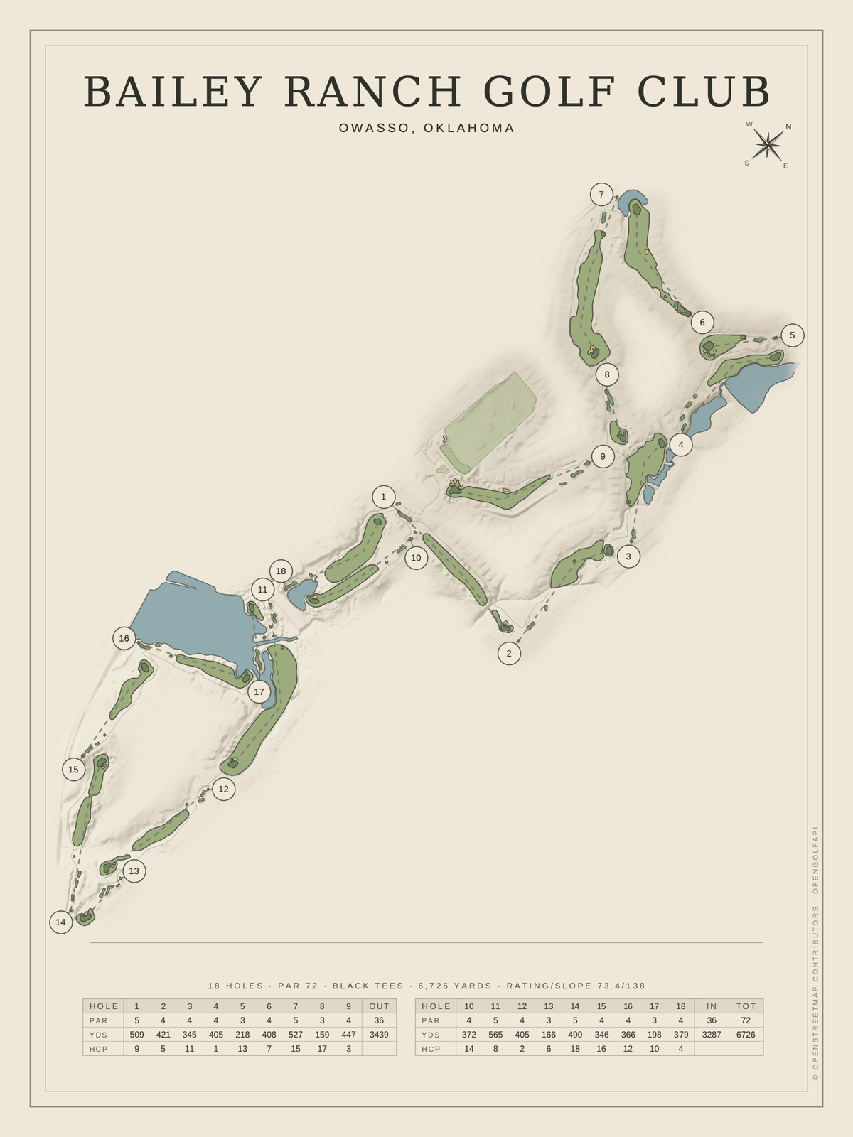 Bailey Ranch Golf Club course map poster, Classic style, 12×16 / 18×24