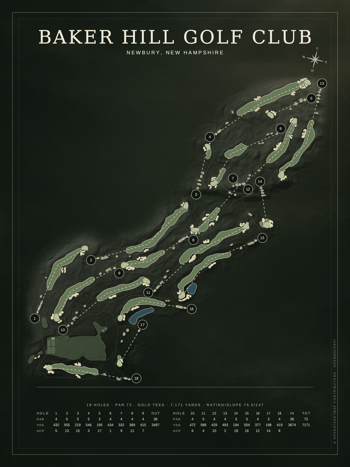 Baker Hill Golf Club course map poster, Architectural style, 12×16 / 18×24
