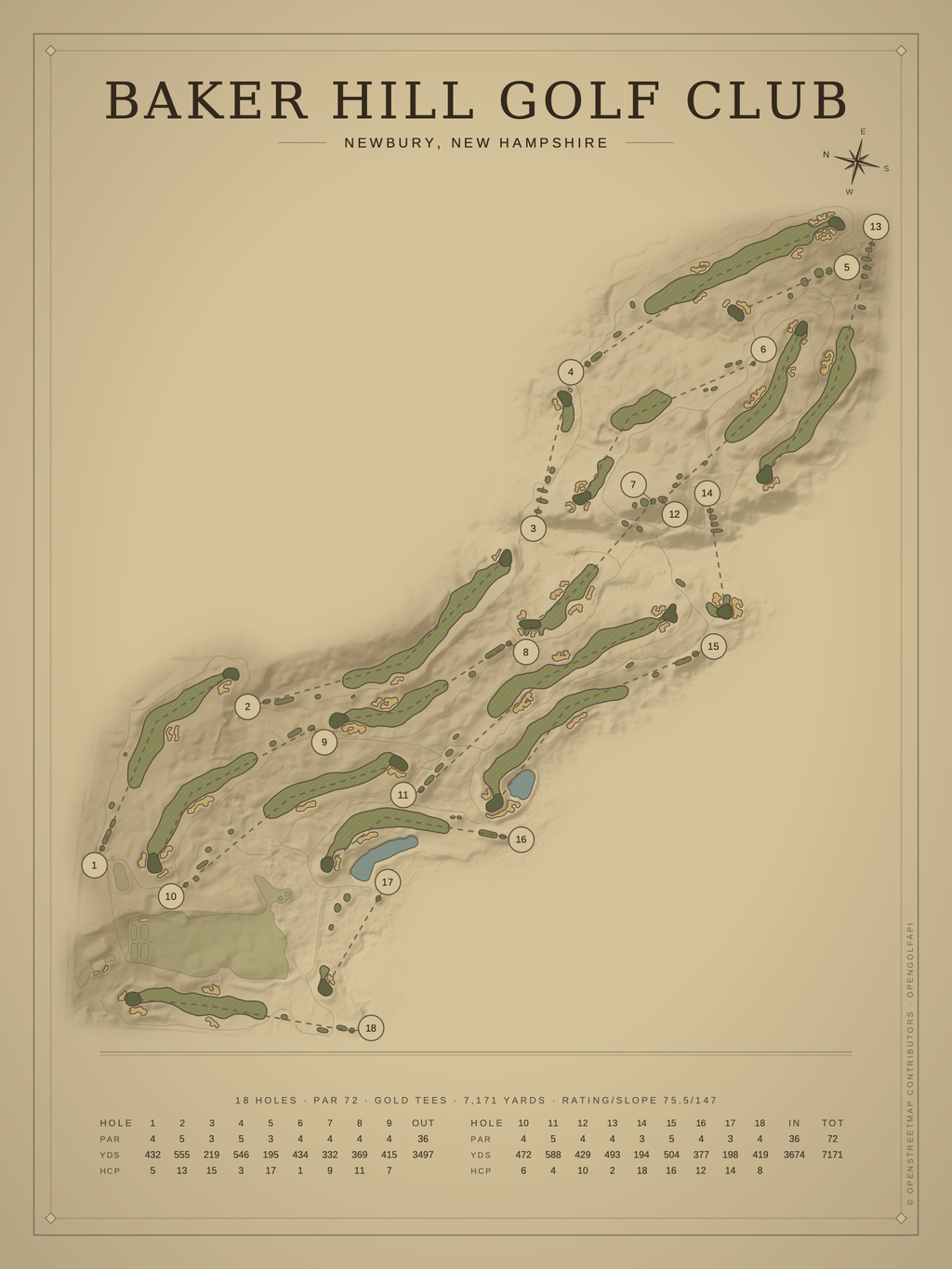 Baker Hill Golf Club course map poster, Vintage style, 12×16 / 18×24