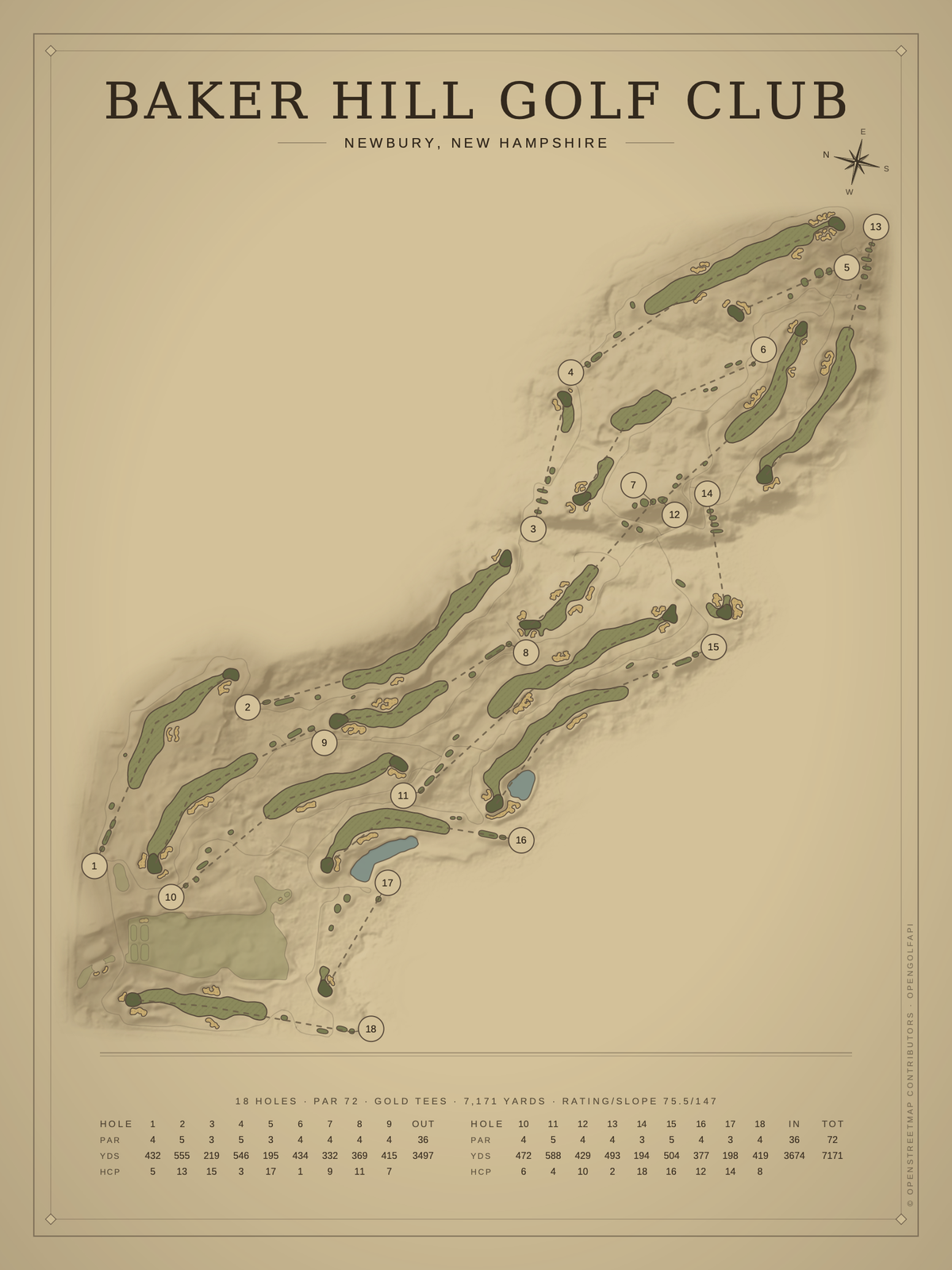 Baker Hill Golf Club course map poster, Vintage style, 12×16 / 18×24