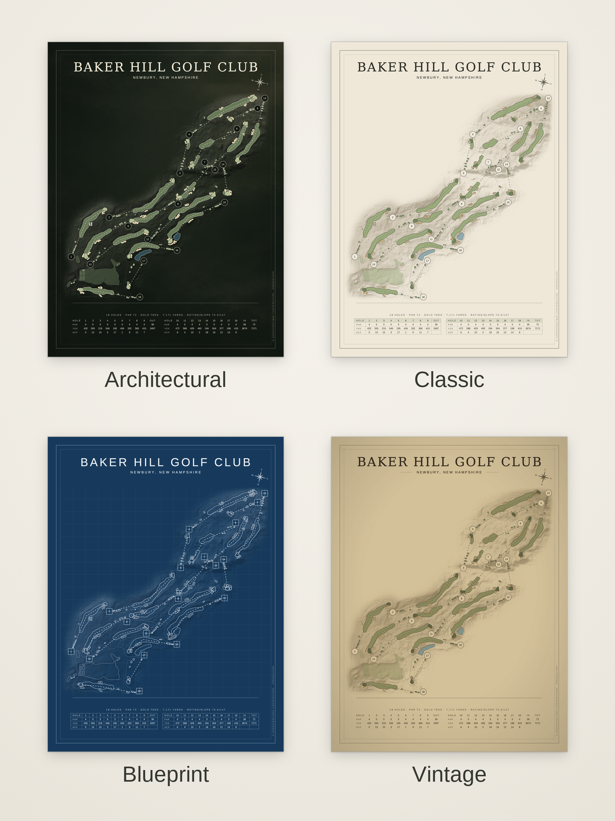 Baker Hill Golf Club course map poster in four styles: Architectural, Classic, Blueprint and Vintage
