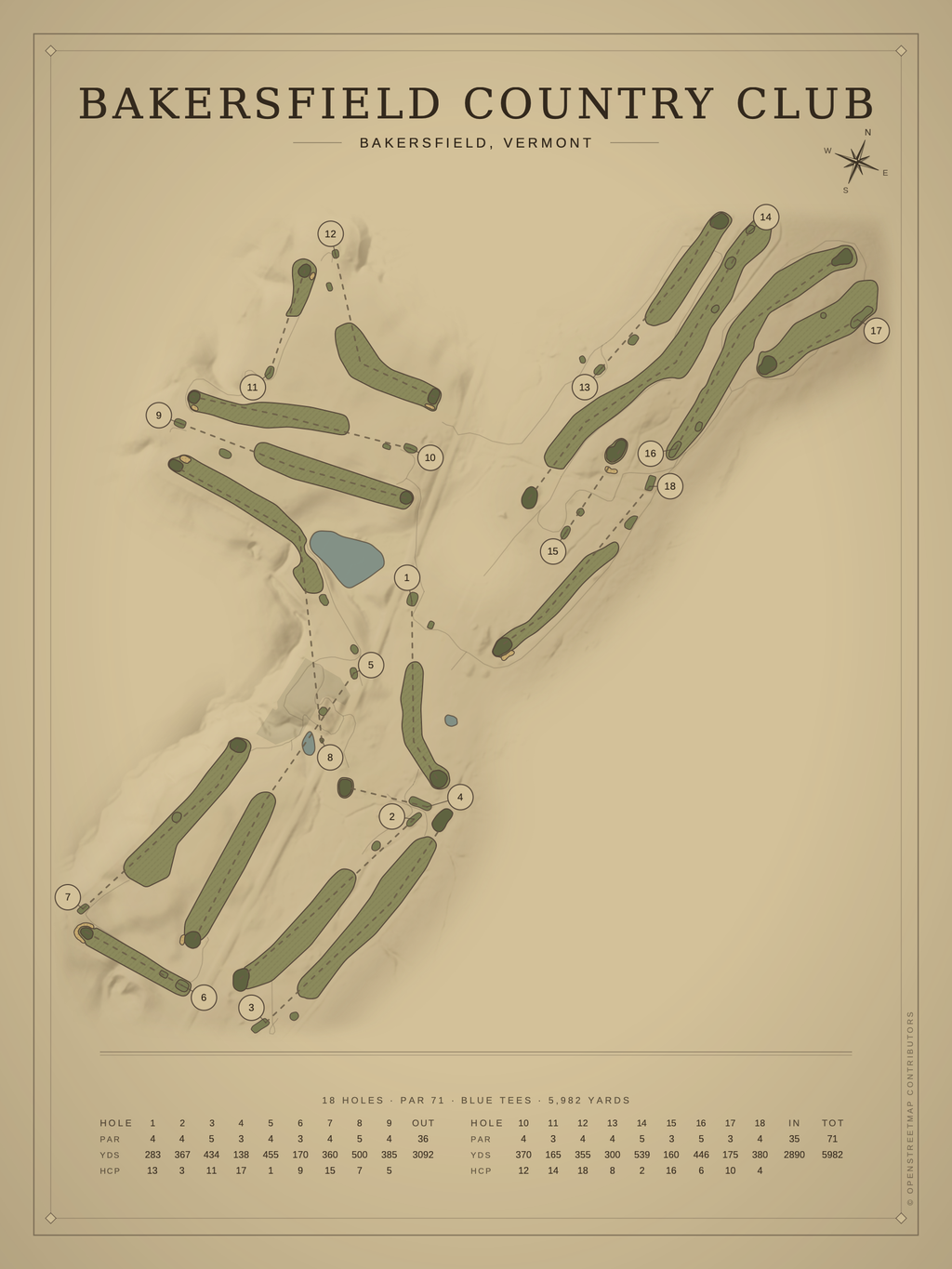 Bakersfield Country Club course map poster, Vintage style, 12×16 / 18×24