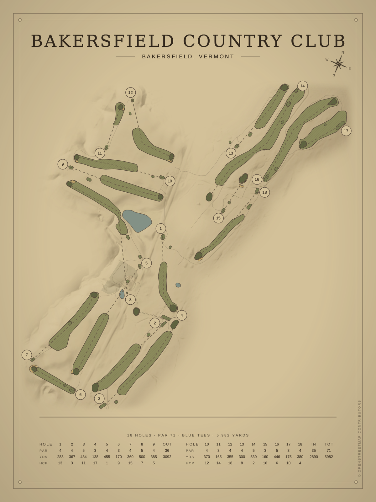 Bakersfield Country Club course map poster, Vintage style, 12×16 / 18×24