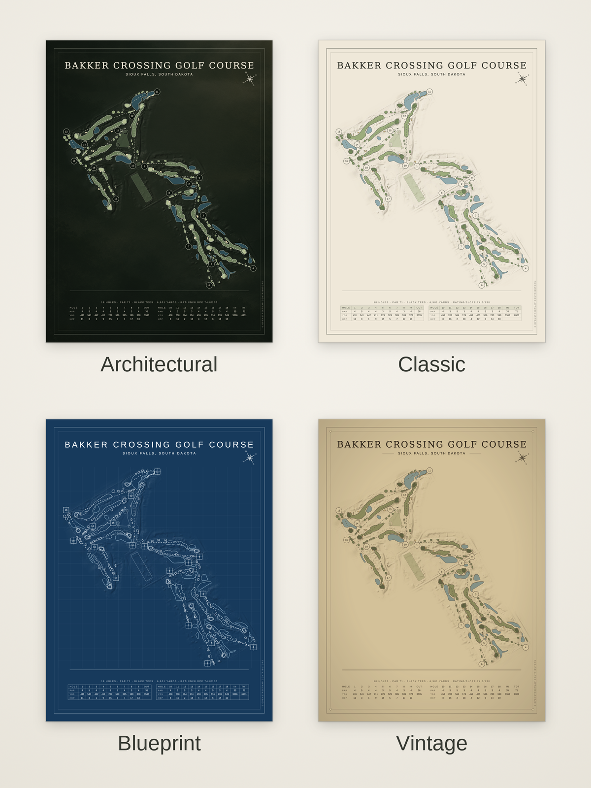 Bakker Crossing Golf Course map poster in four styles: Architectural, Classic, Blueprint and Vintage