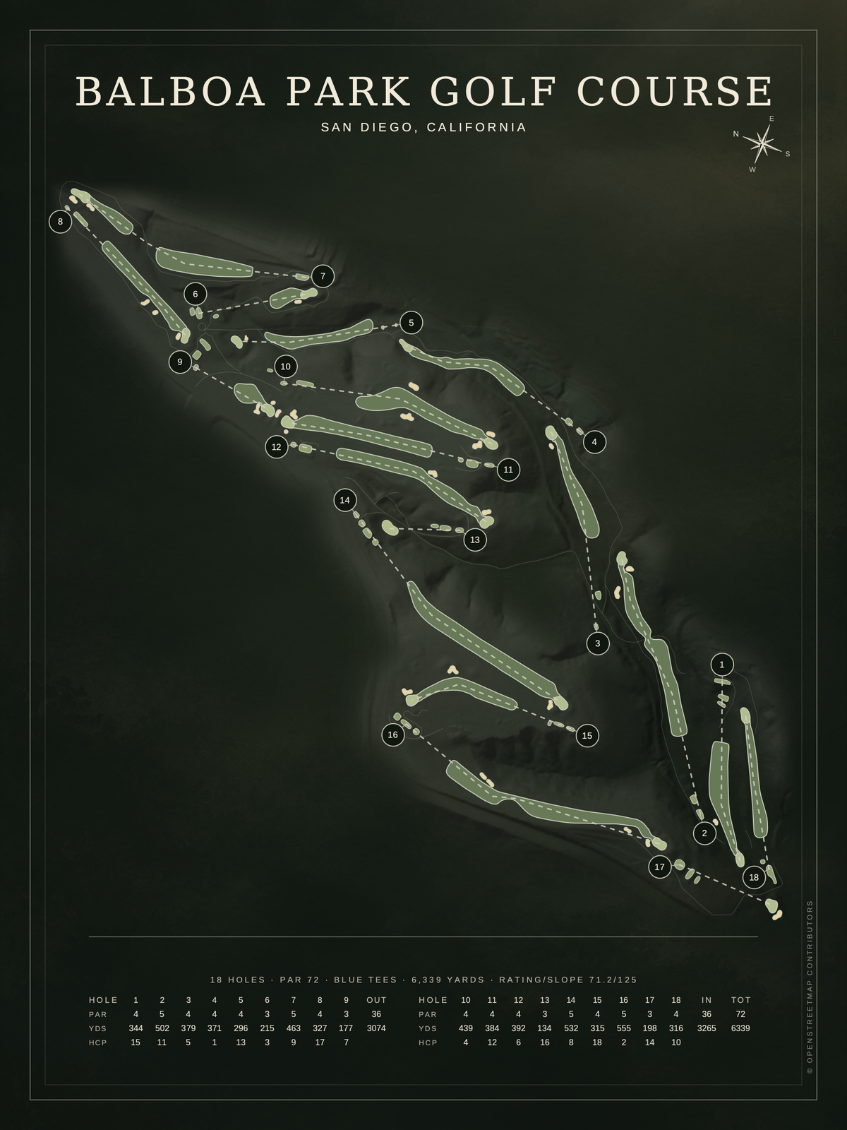 Balboa Park Golf Course map poster, Architectural style, 12×16 / 18×24