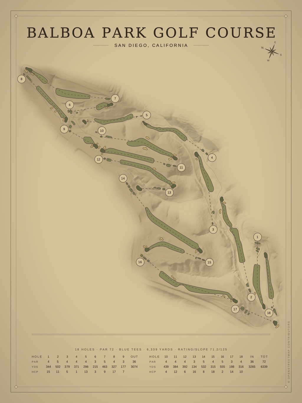 Balboa Park Golf Course map poster, Vintage style, 12×16 / 18×24