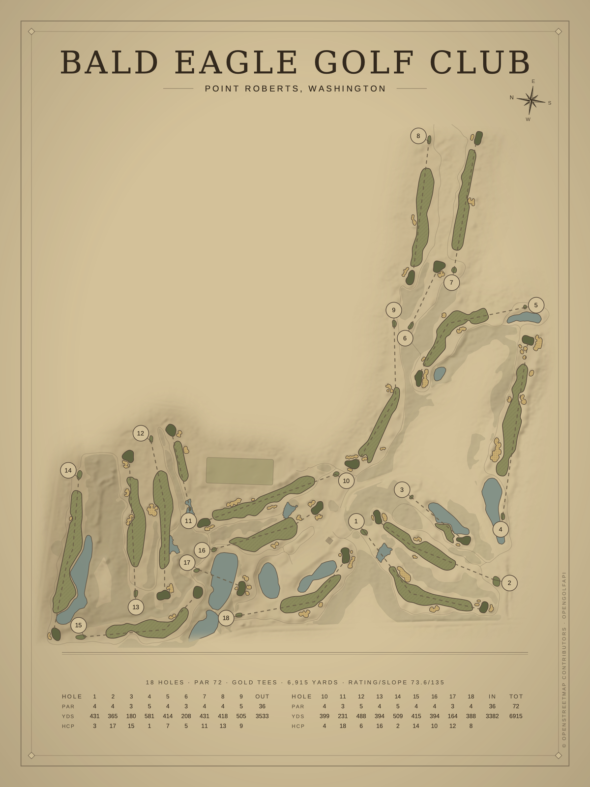 Bald Eagle Golf Club course map poster, Vintage style, 12×16 / 18×24
