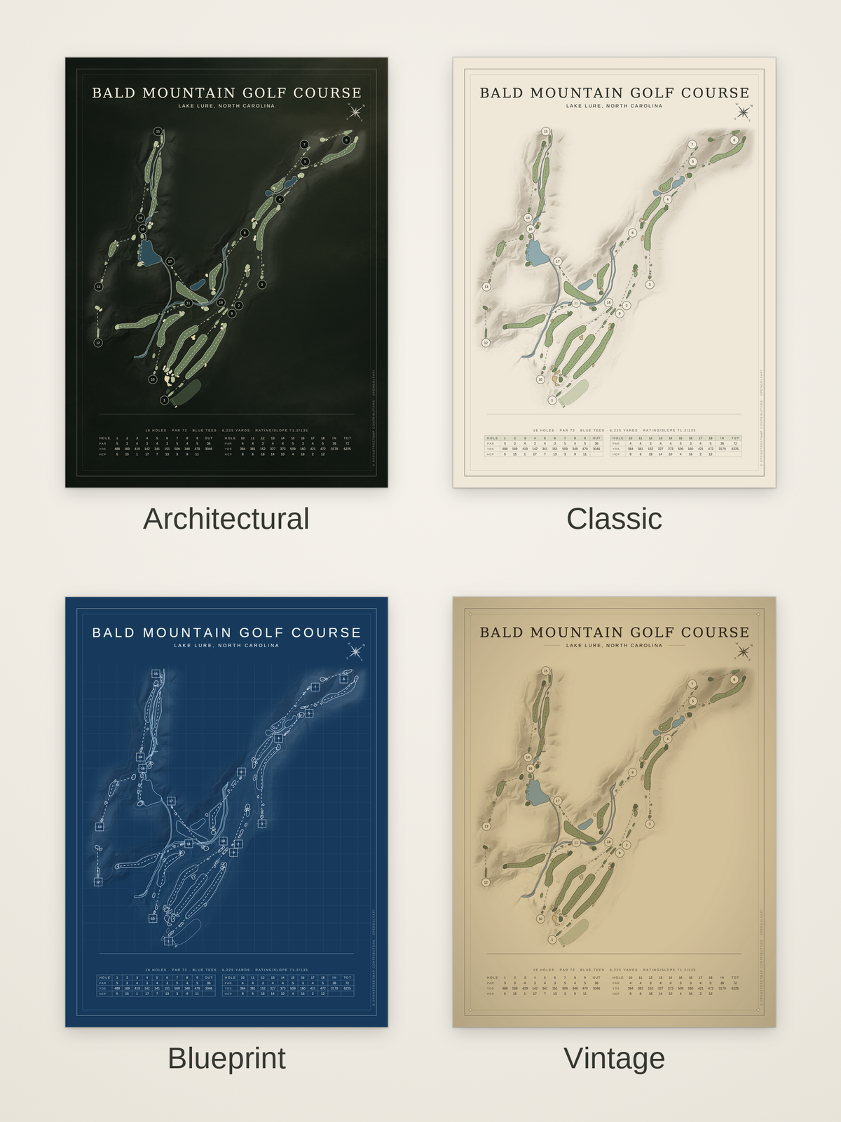 Bald Mountain Golf Course map poster in four styles: Architectural, Classic, Blueprint and Vintage