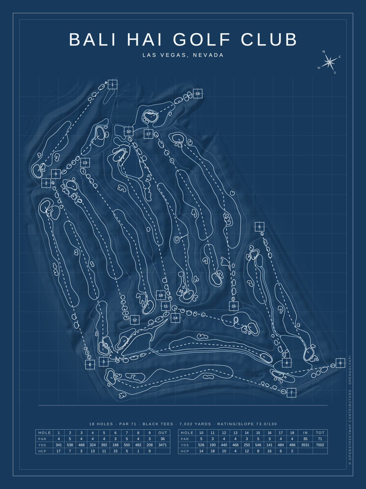 Bali Hai Golf Club course map poster, Blueprint style, 12×16 / 18×24