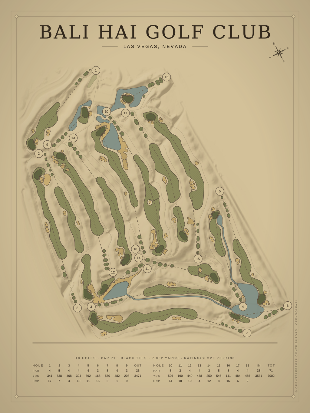 Bali Hai Golf Club course map poster, Vintage style, 12×16 / 18×24
