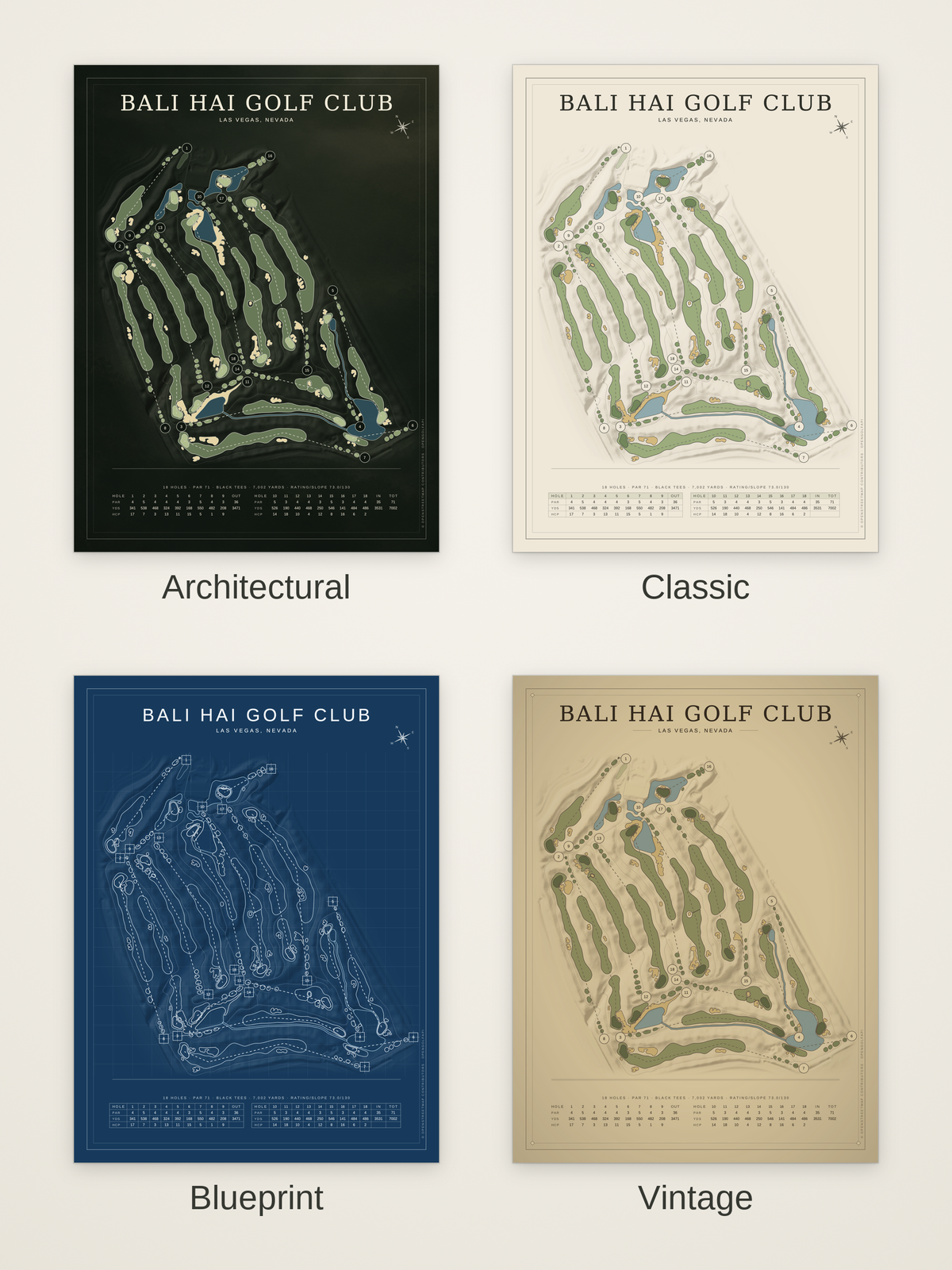 Bali Hai Golf Club course map poster in four styles: Architectural, Classic, Blueprint and Vintage