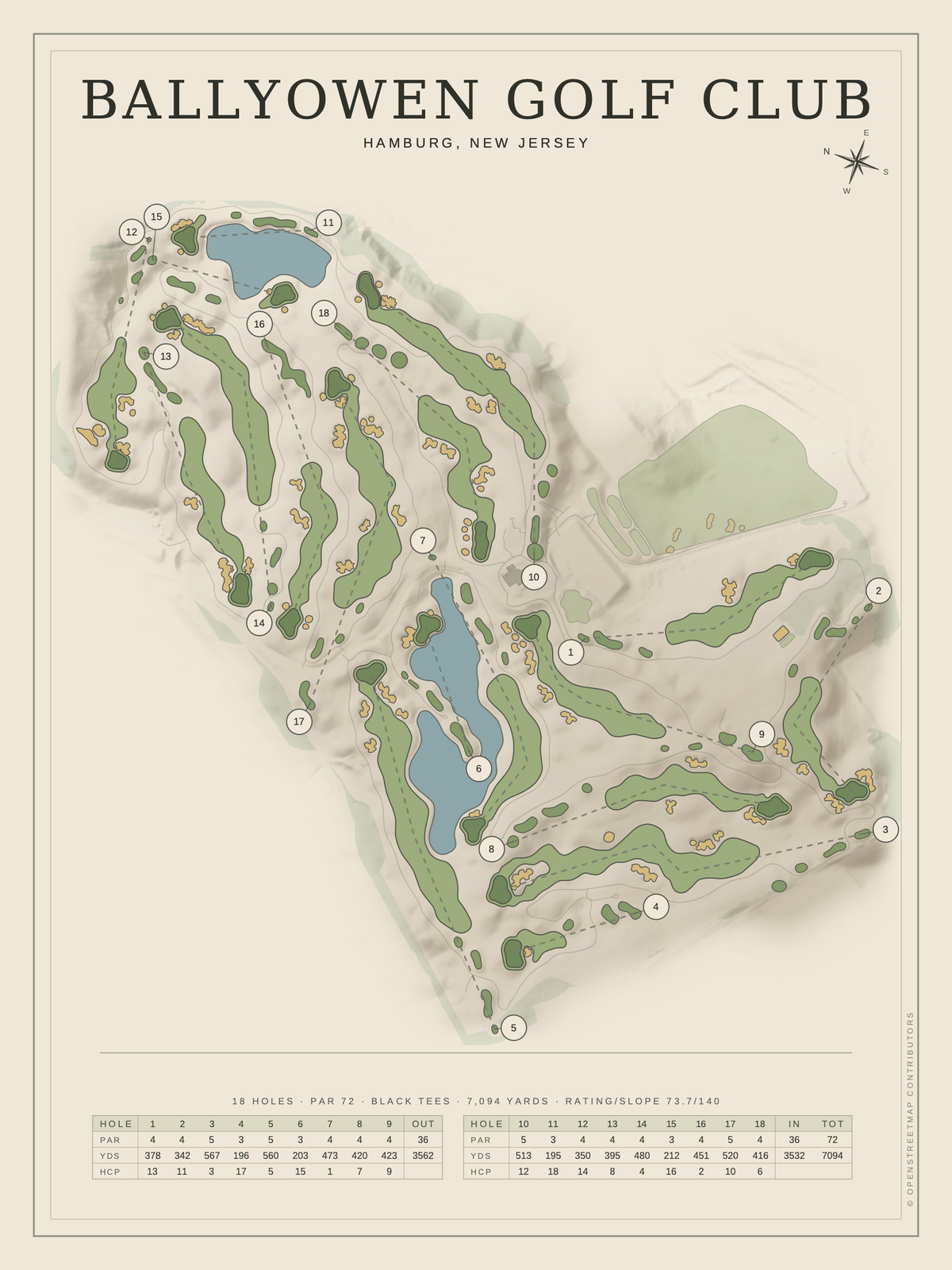Ballyowen Golf Club course map poster, Classic style, 12×16 / 18×24