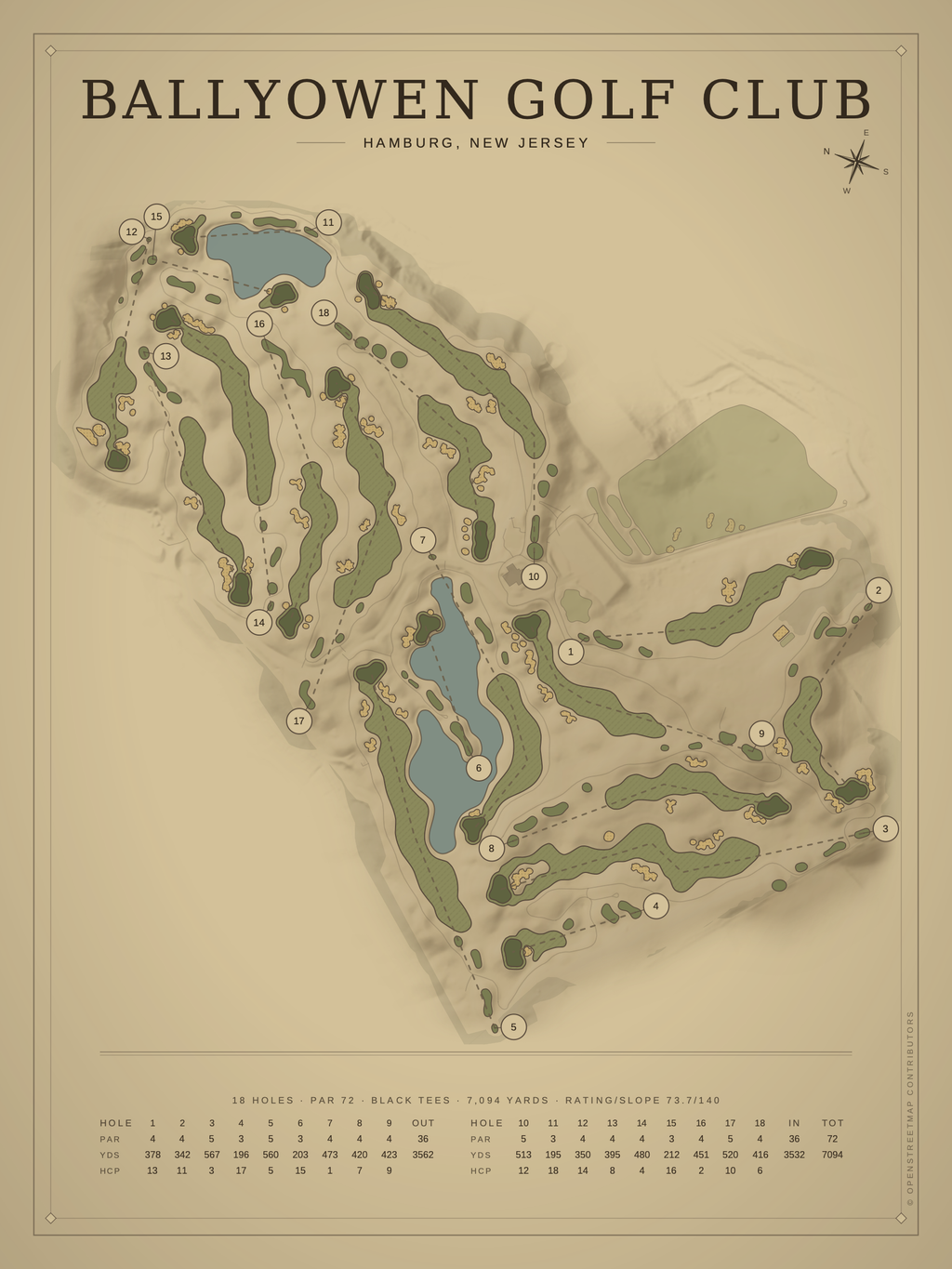 Ballyowen Golf Club course map poster, Vintage style, 12×16 / 18×24