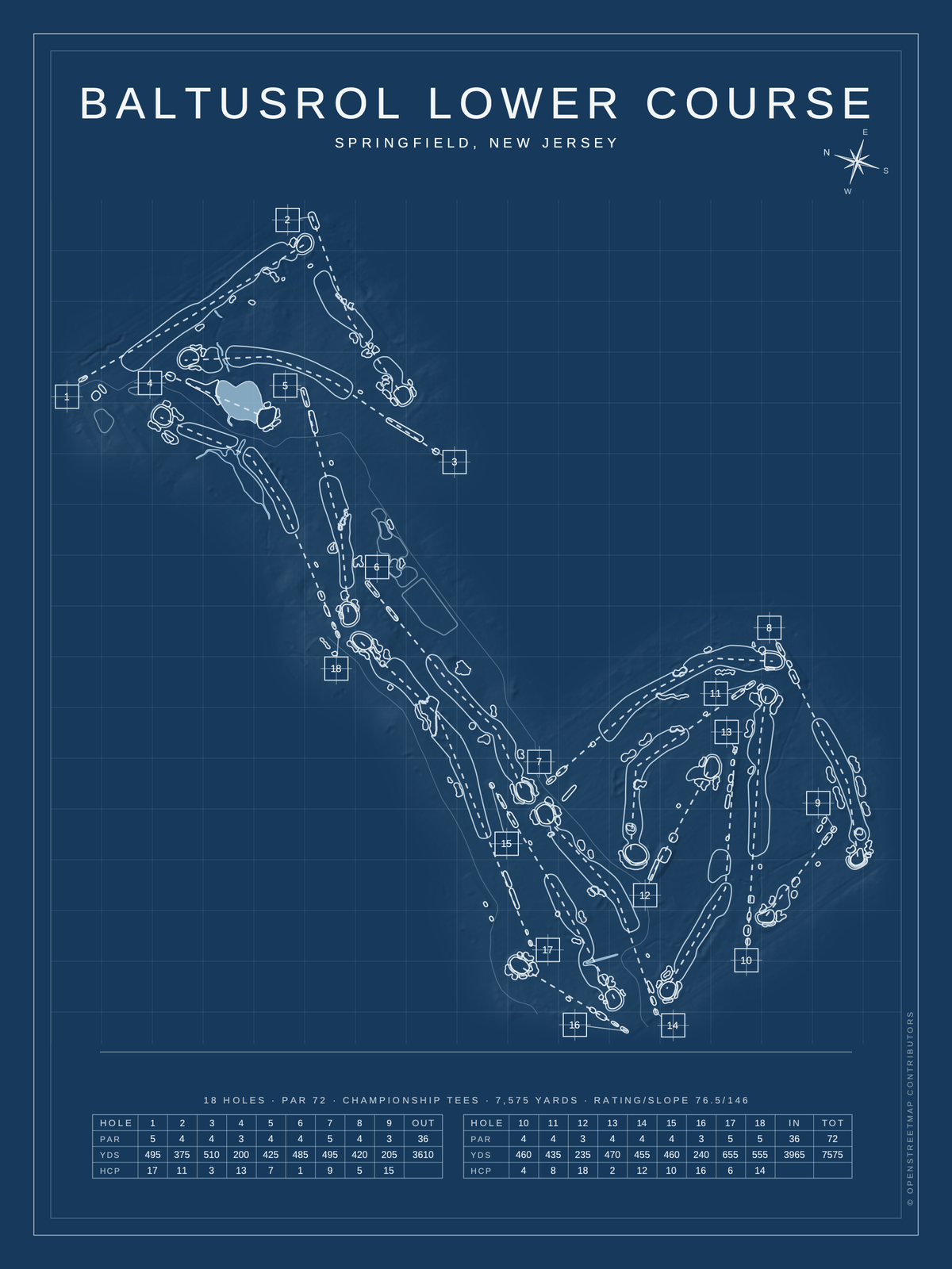 Baltusrol Lower Course map poster, Blueprint style, 12×16 / 18×24