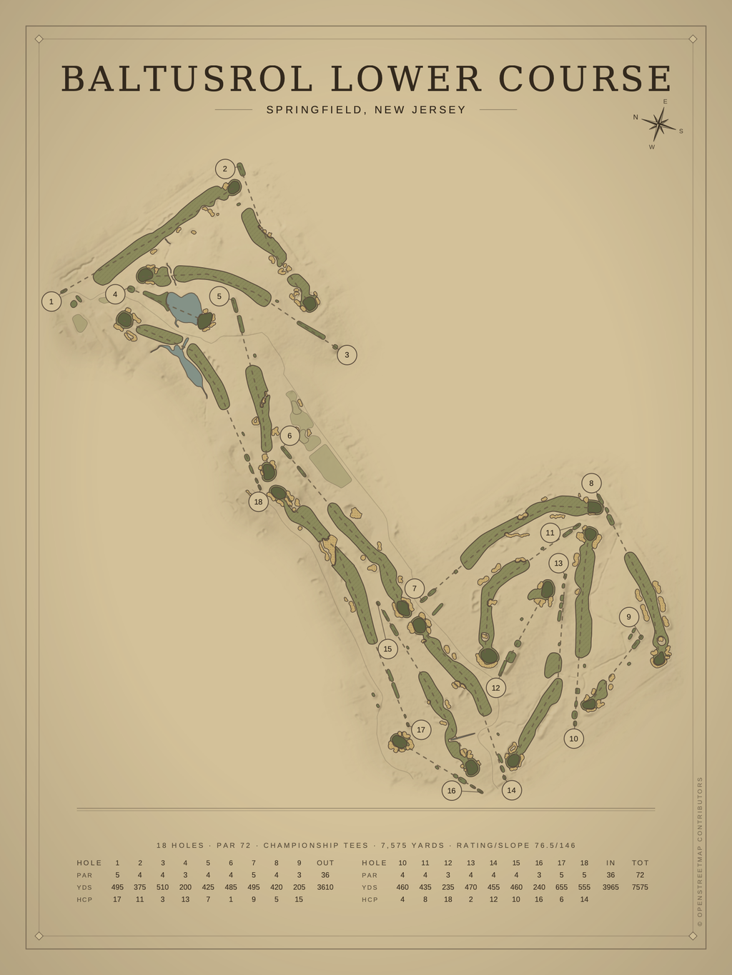 Baltusrol Lower Course map poster, Vintage style, 12×16 / 18×24