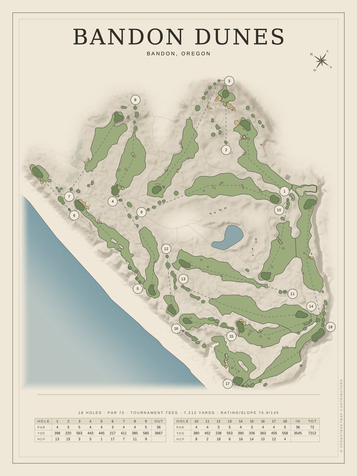 Bandon Dunes course map poster, Classic style, 12×16 / 18×24