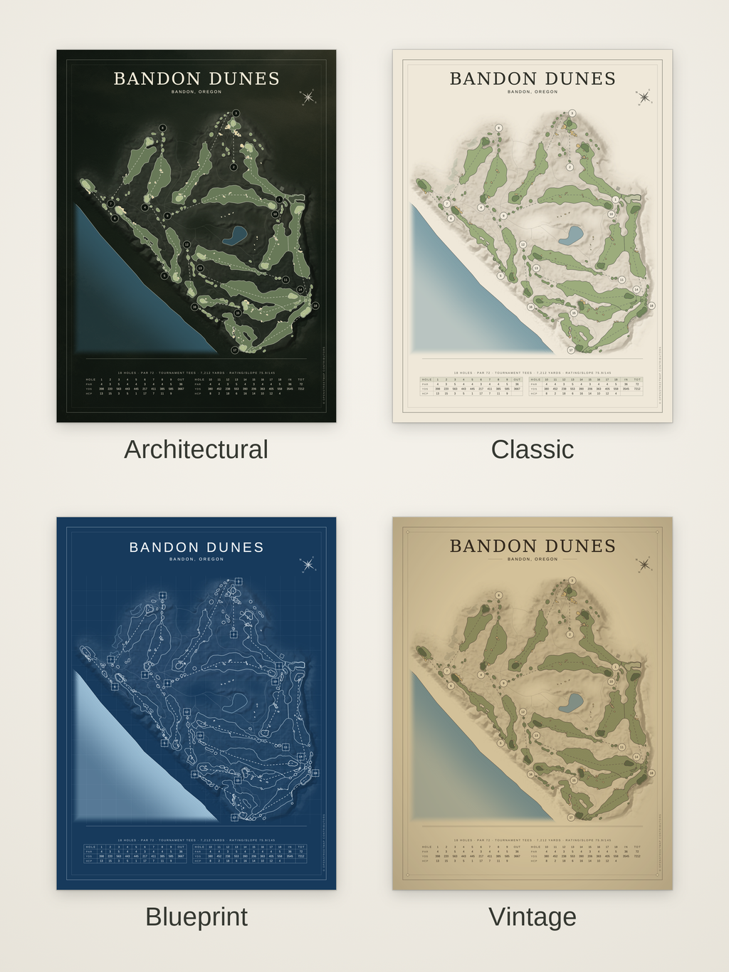 Bandon Dunes course map poster in four styles: Architectural, Classic, Blueprint and Vintage