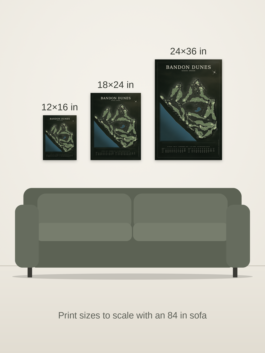 Bandon Dunes course map poster in the Architectural style at 12×16, 18×24 and 24×36 inches, shown to scale on a wall above an 84-inch sofa