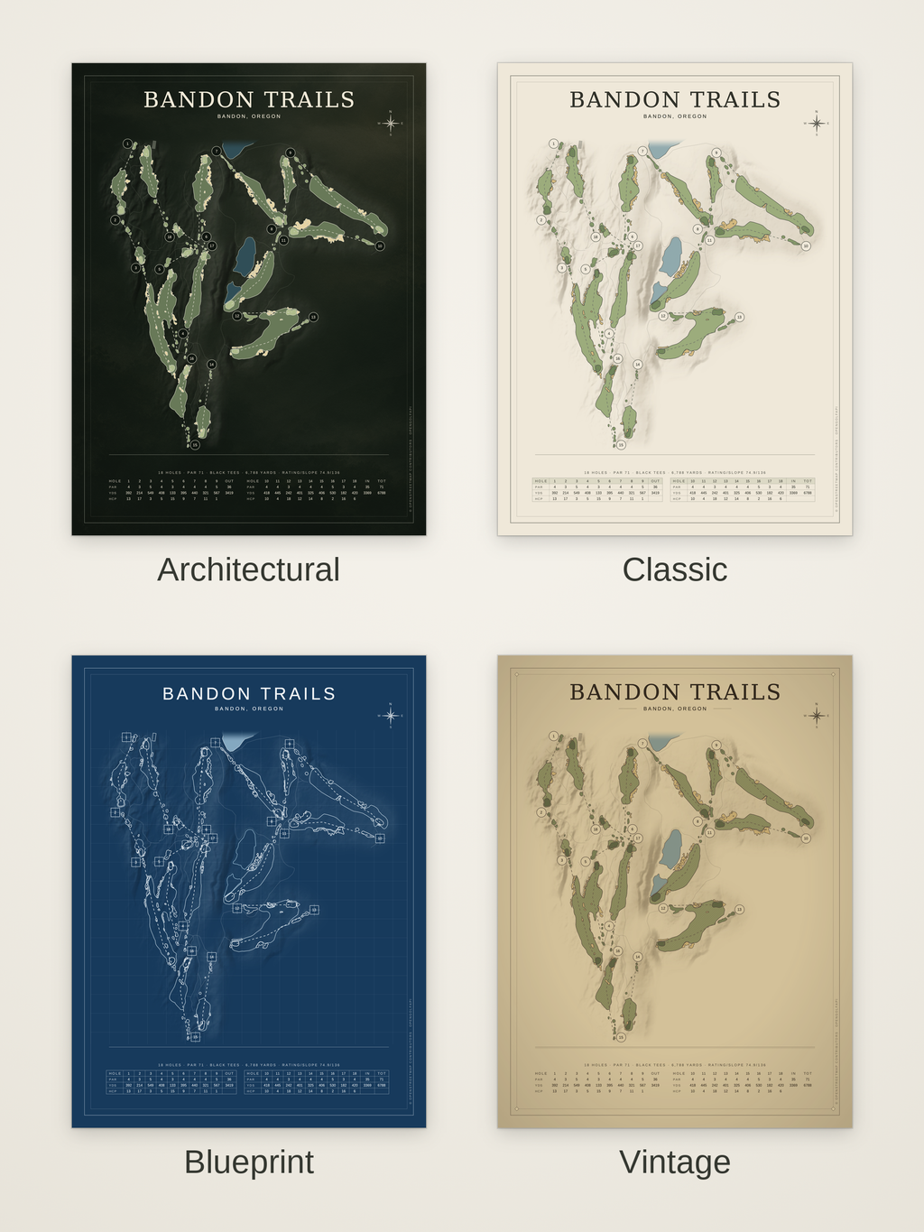 Bandon Trails course map poster in four styles: Architectural, Classic, Blueprint and Vintage