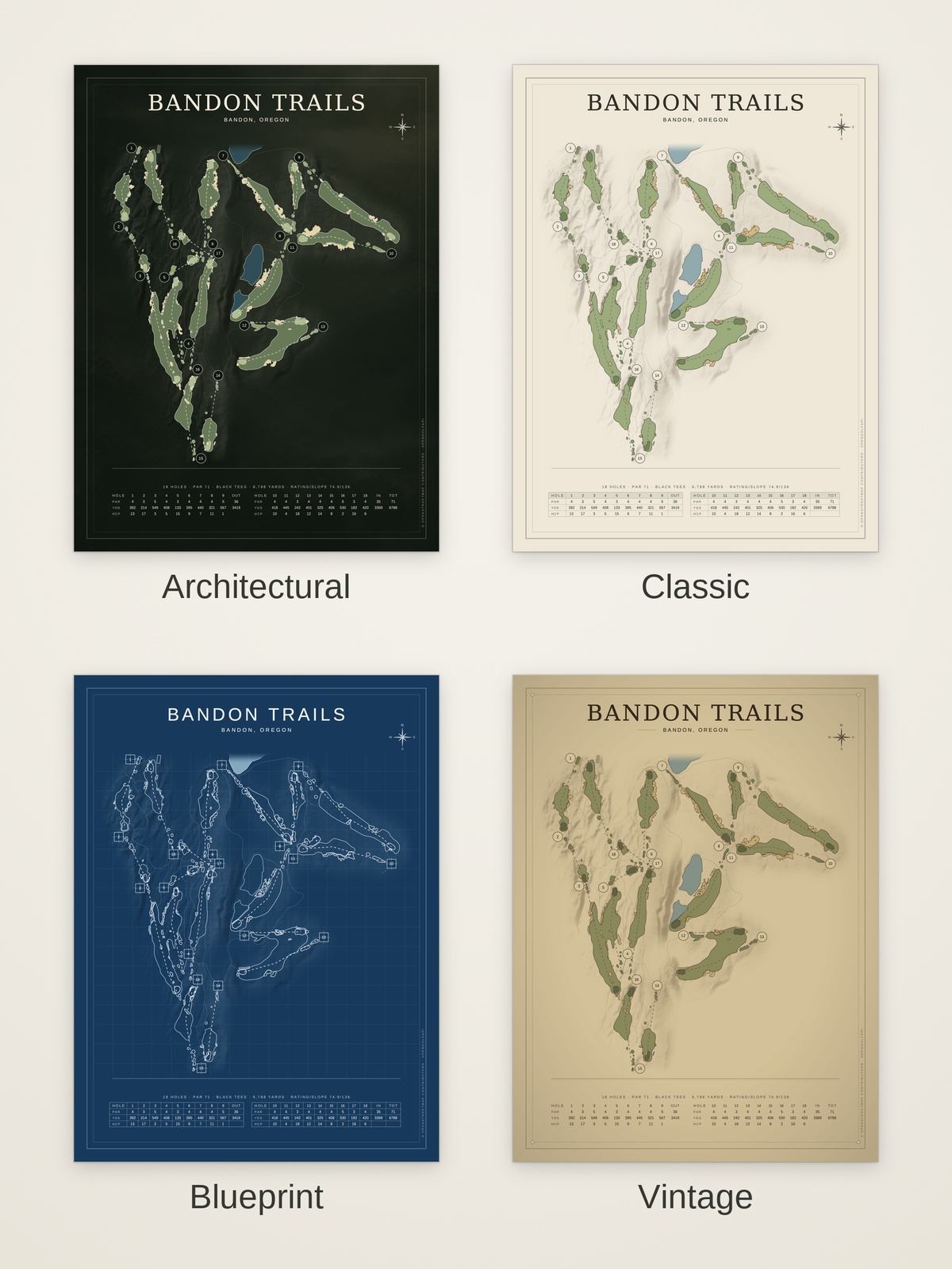 Bandon Trails course map poster in four styles: Architectural, Classic, Blueprint and Vintage