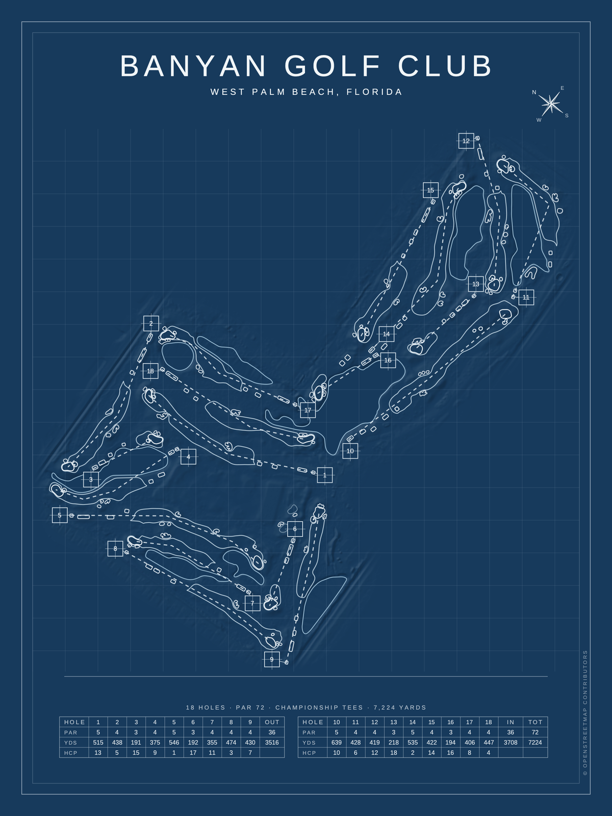 Banyan Golf Club course map poster, Blueprint style, 12×16 / 18×24