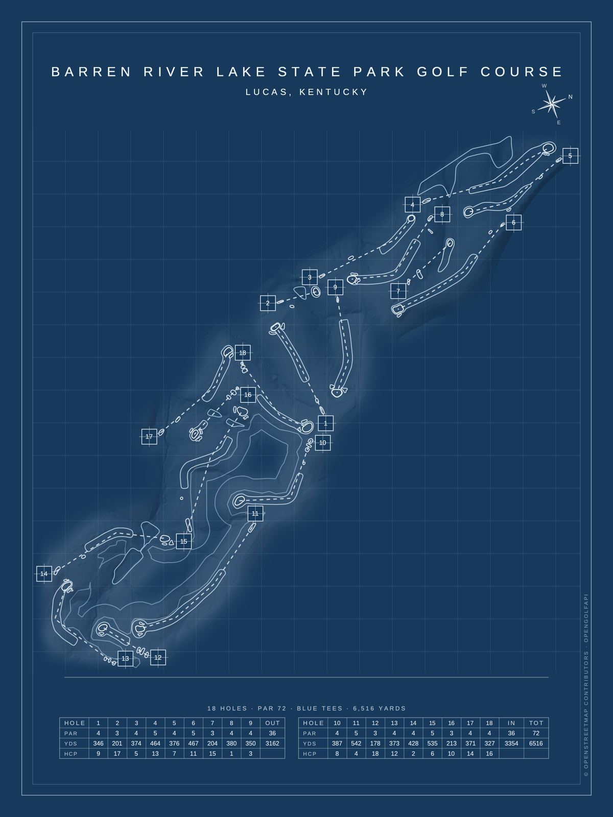 Barren River Lake State Park Golf Course map poster, Blueprint style, 12×16 / 18×24