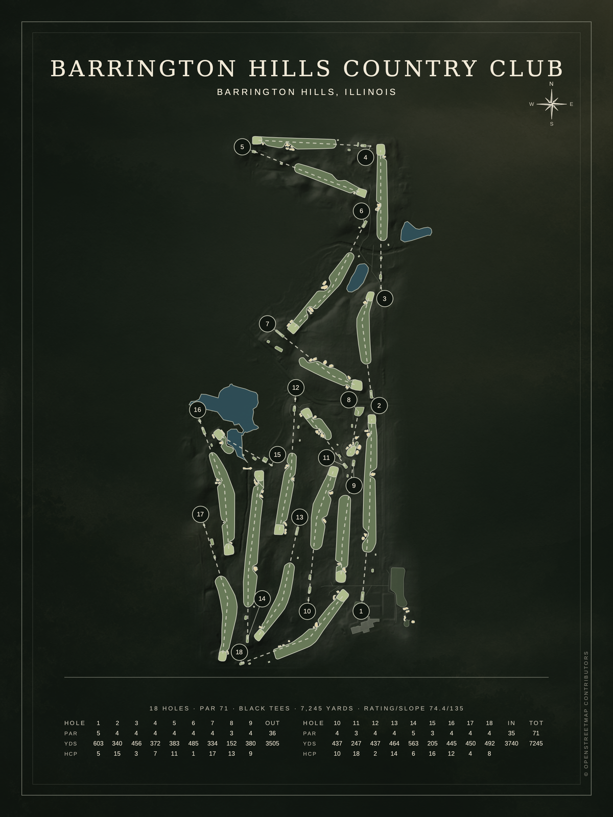 Barrington Hills Country Club course map poster, Architectural style, 12×16 / 18×24