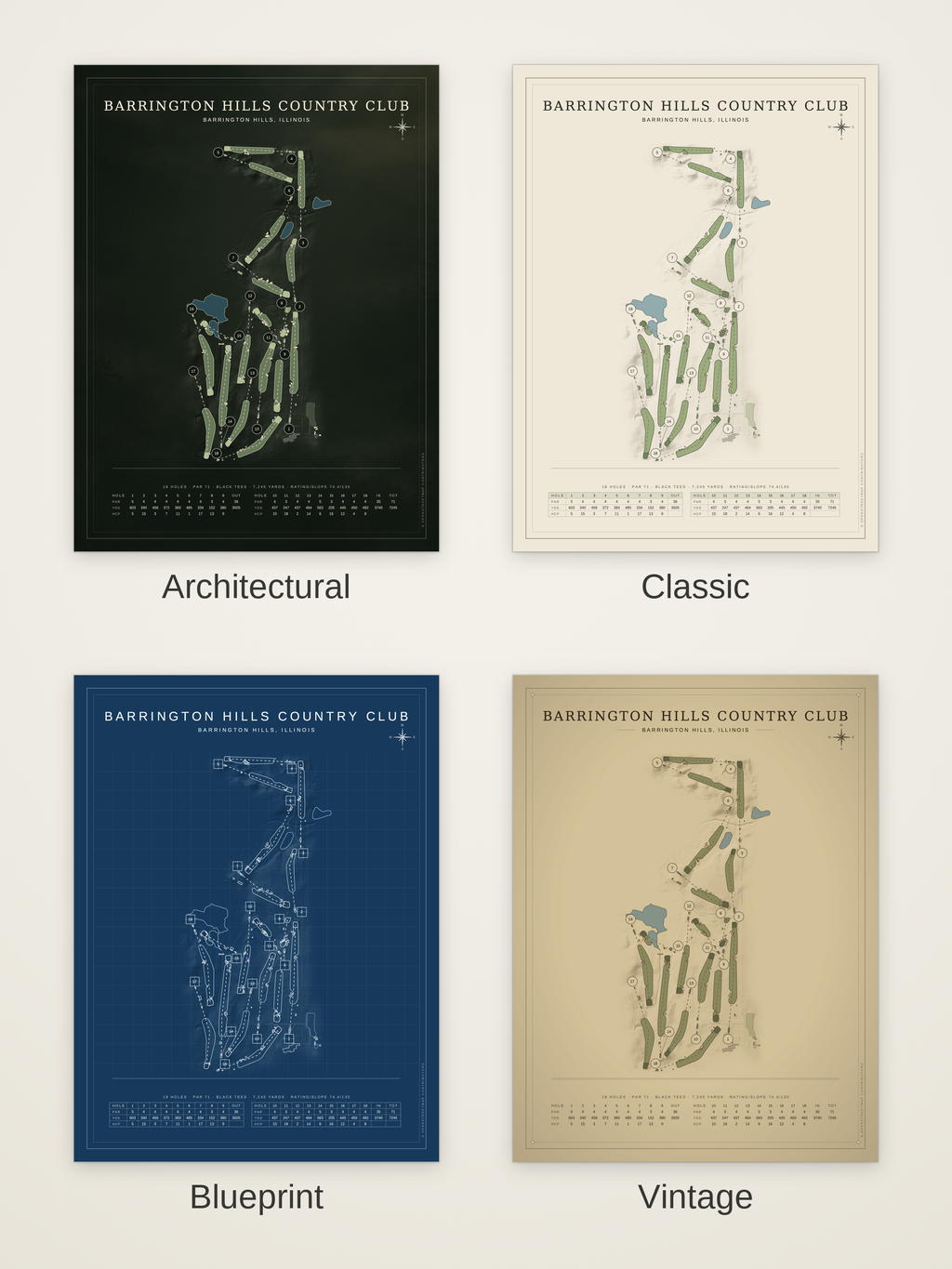 Barrington Hills Country Club course map poster in four styles: Architectural, Classic, Blueprint and Vintage