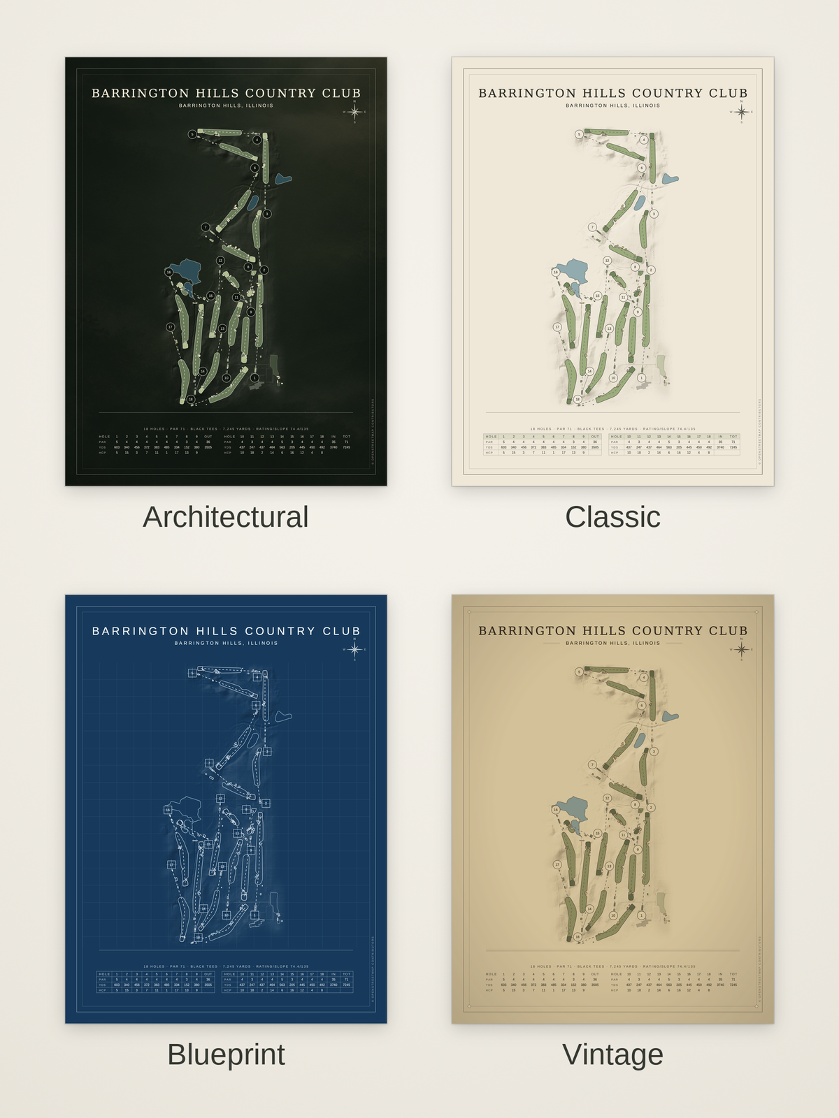 Barrington Hills Country Club course map poster in four styles: Architectural, Classic, Blueprint and Vintage