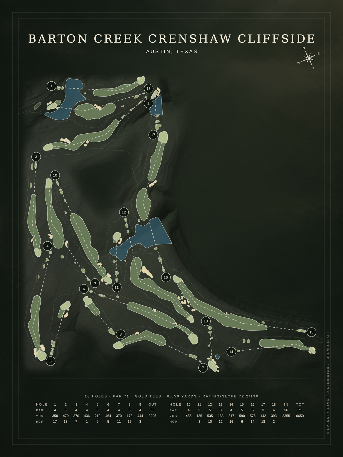 Barton Creek Crenshaw Cliffside course map poster, Architectural style, 12×16 / 18×24