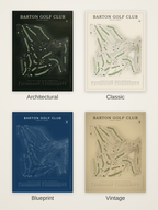 Barton Golf Club course map poster in four styles: Architectural, Classic, Blueprint and Vintage
