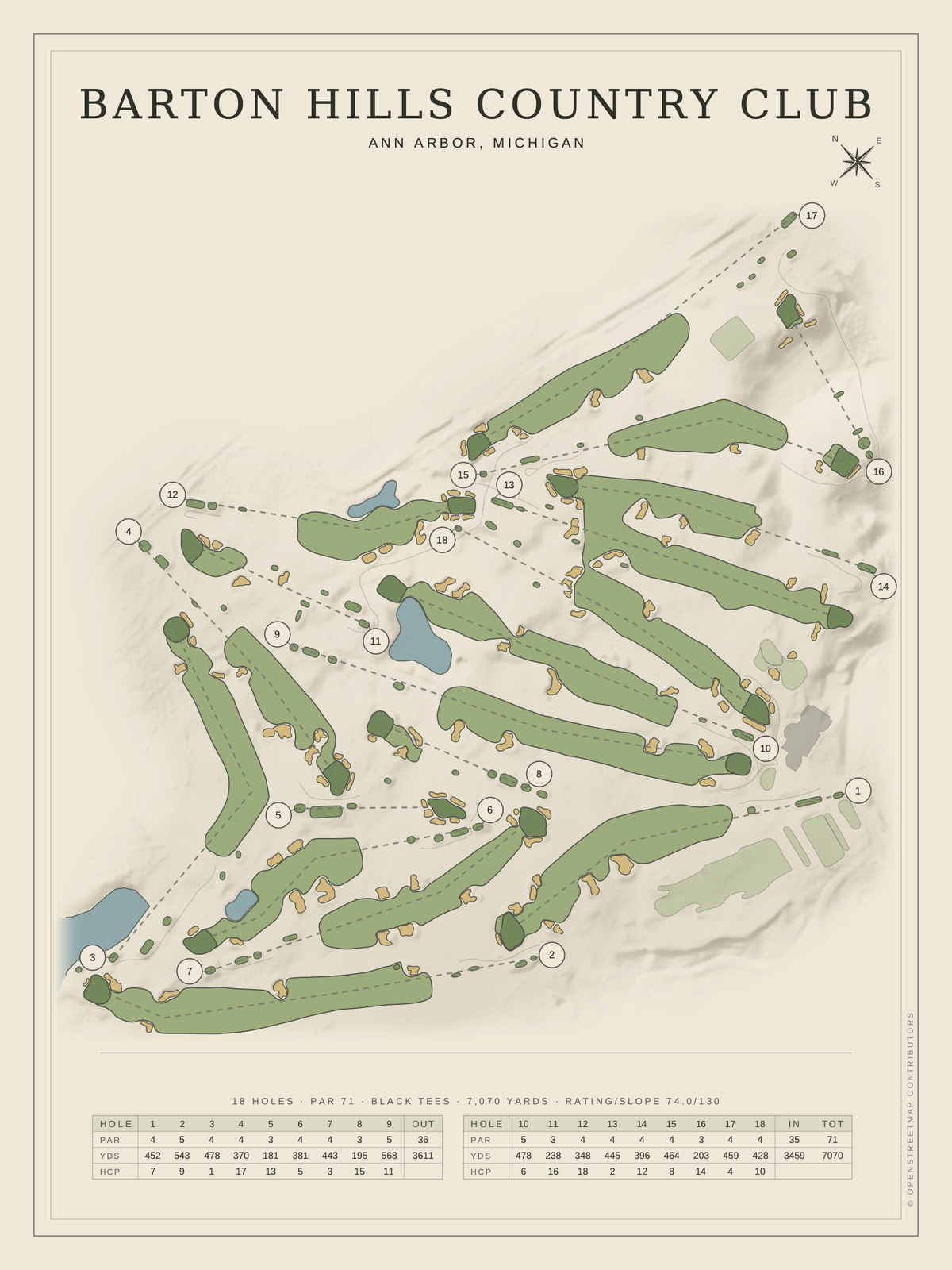 Barton Hills Country Club course map poster, Classic style, 12×16 / 18×24