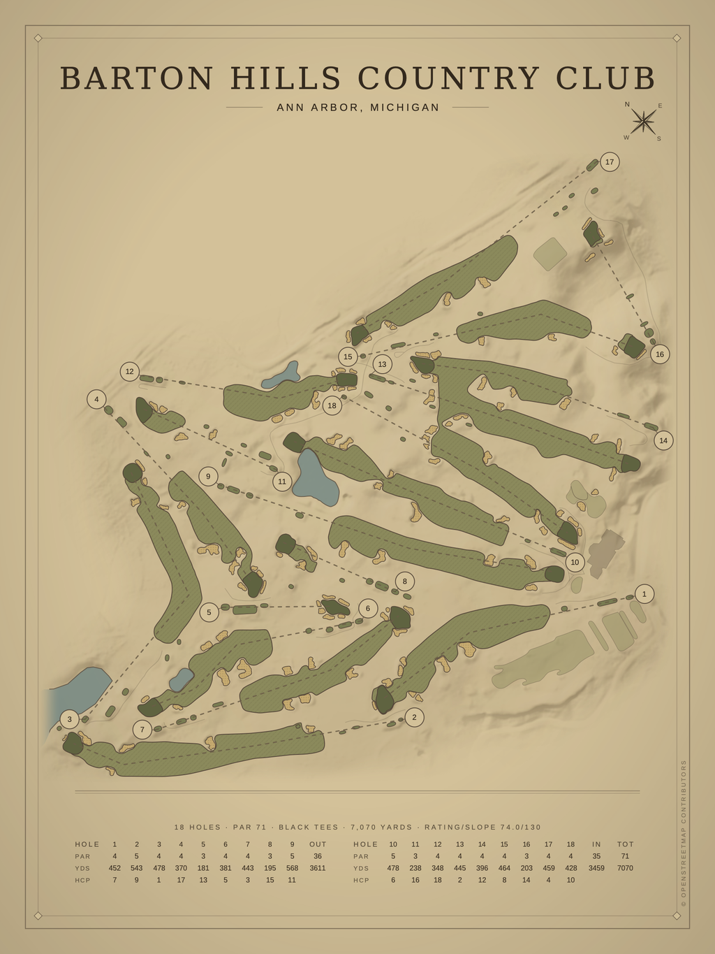 Barton Hills Country Club course map poster, Vintage style, 12×16 / 18×24