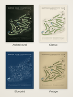 Barton Hills Country Club course map poster in four styles: Architectural, Classic, Blueprint and Vintage