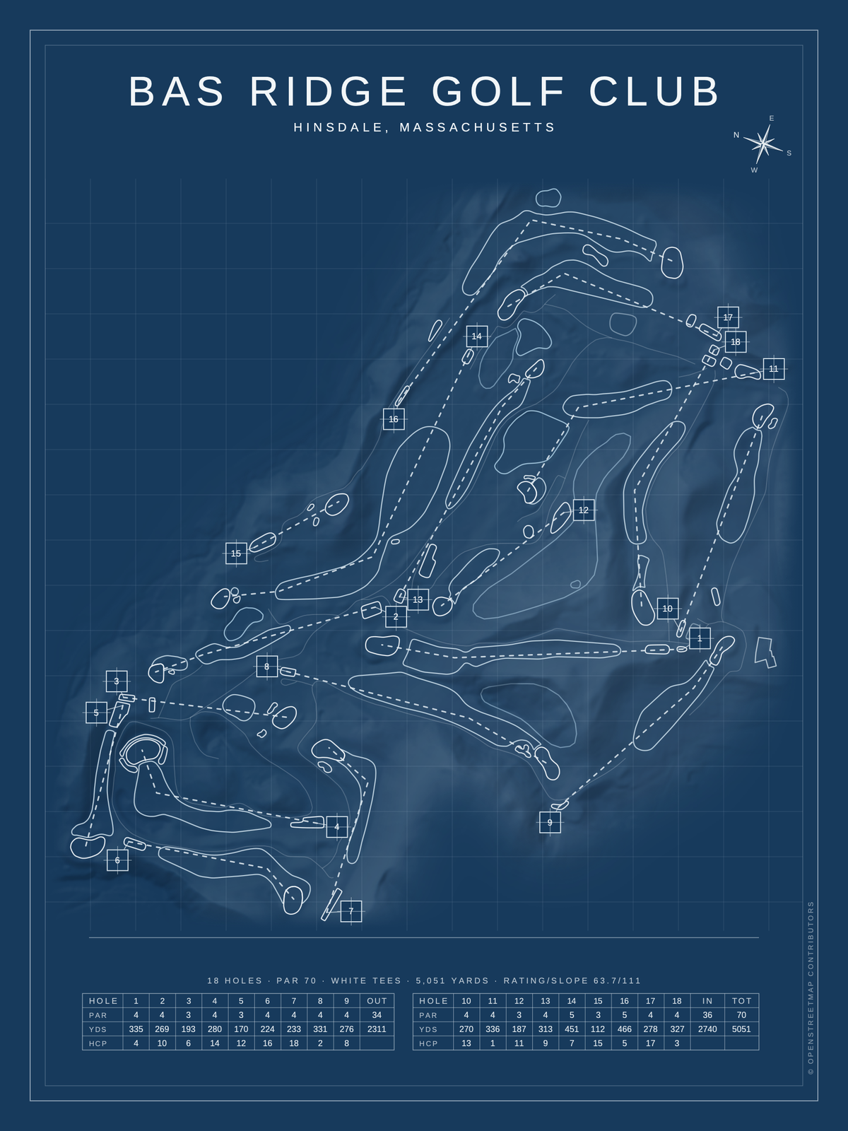 Bas Ridge Golf Club course map poster, Blueprint style, 12×16 / 18×24