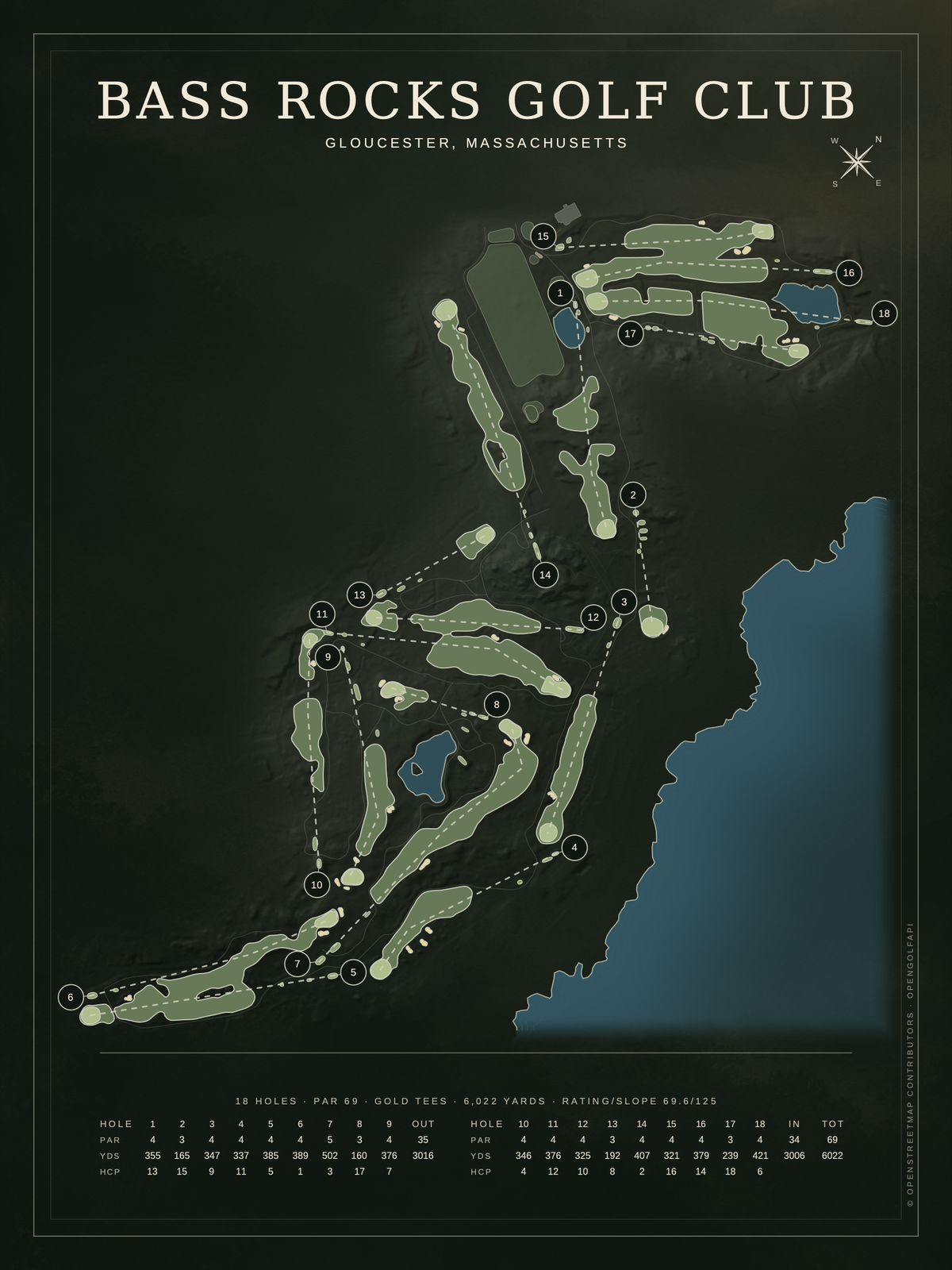 Bass Rocks Golf Club course map poster, Architectural style, 12×16 / 18×24