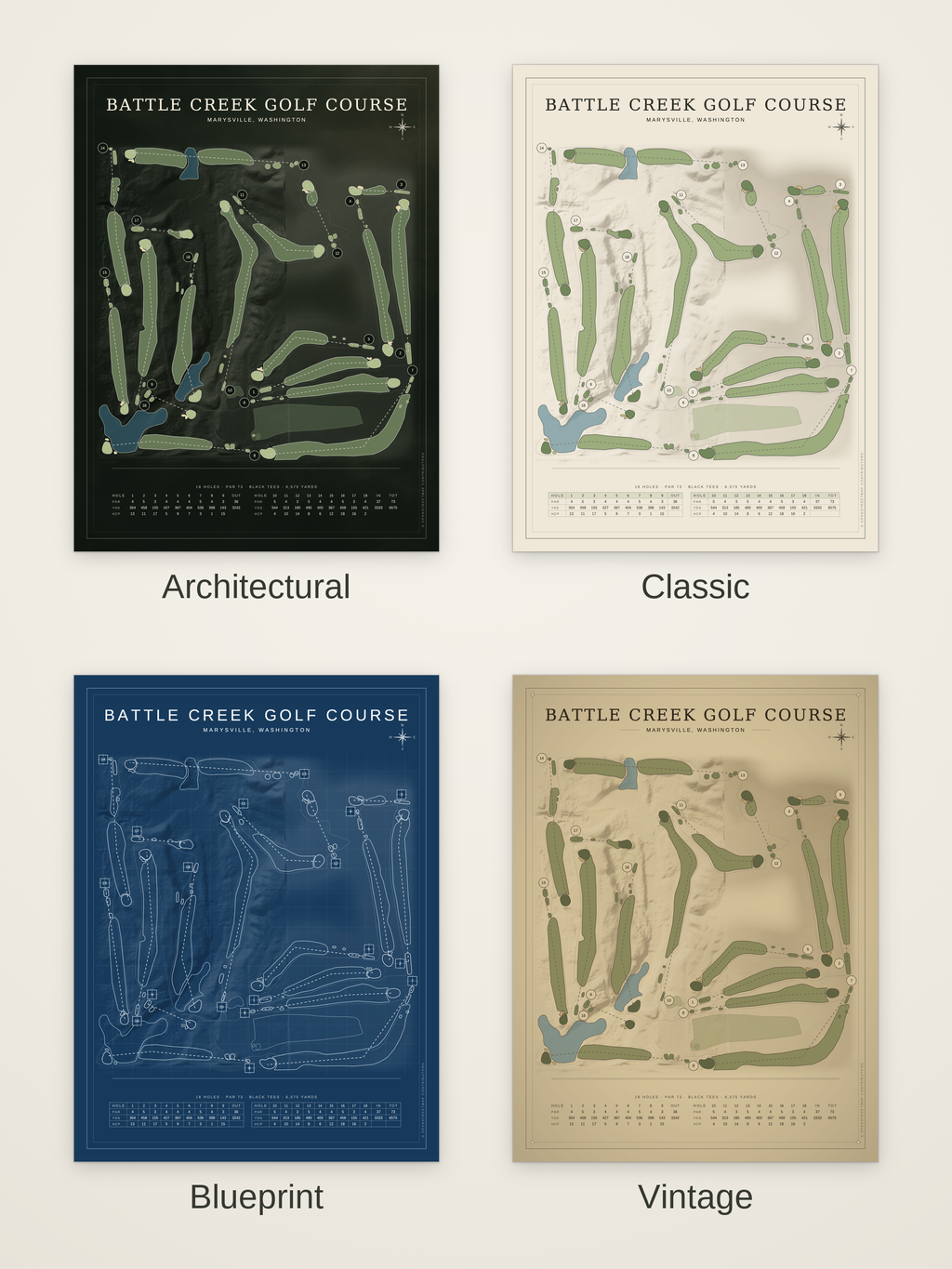 Battle Creek Golf Course map poster in four styles: Architectural, Classic, Blueprint and Vintage