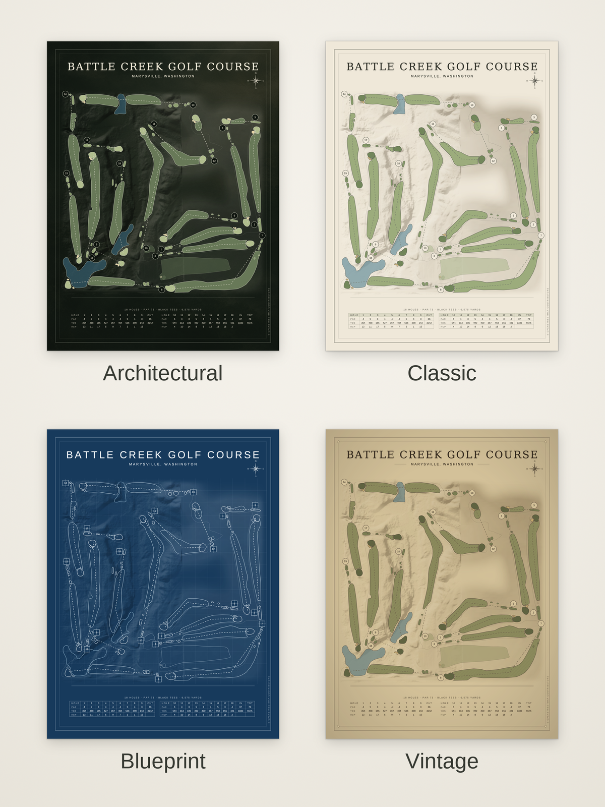 Battle Creek Golf Course map poster in four styles: Architectural, Classic, Blueprint and Vintage