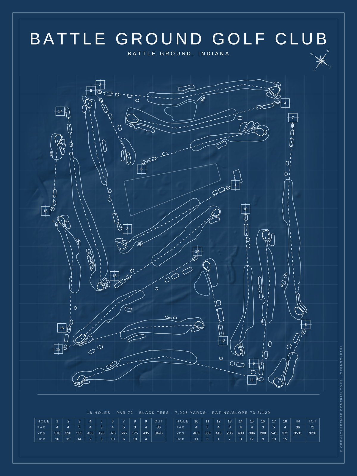 Battle Ground Golf Club course map poster, Blueprint style, 12×16 / 18×24