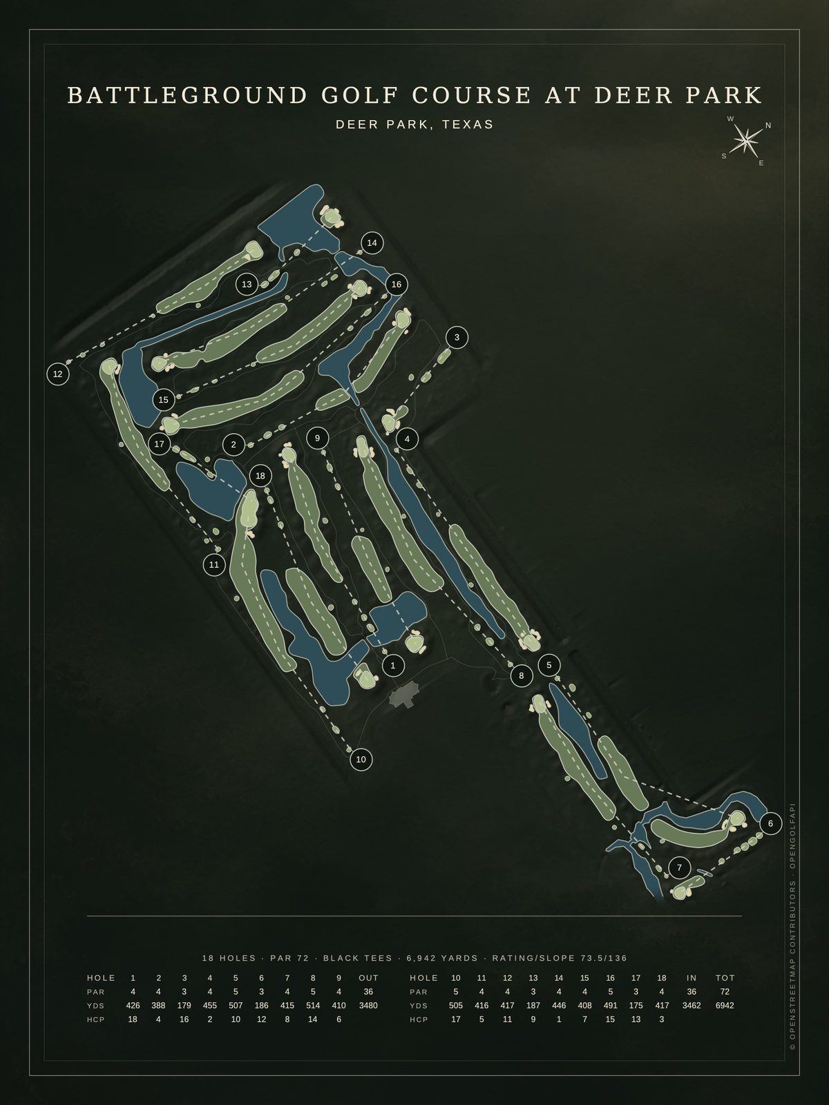 Battleground Golf Course at Deer Park course map poster, Architectural style, 12×16 / 18×24
