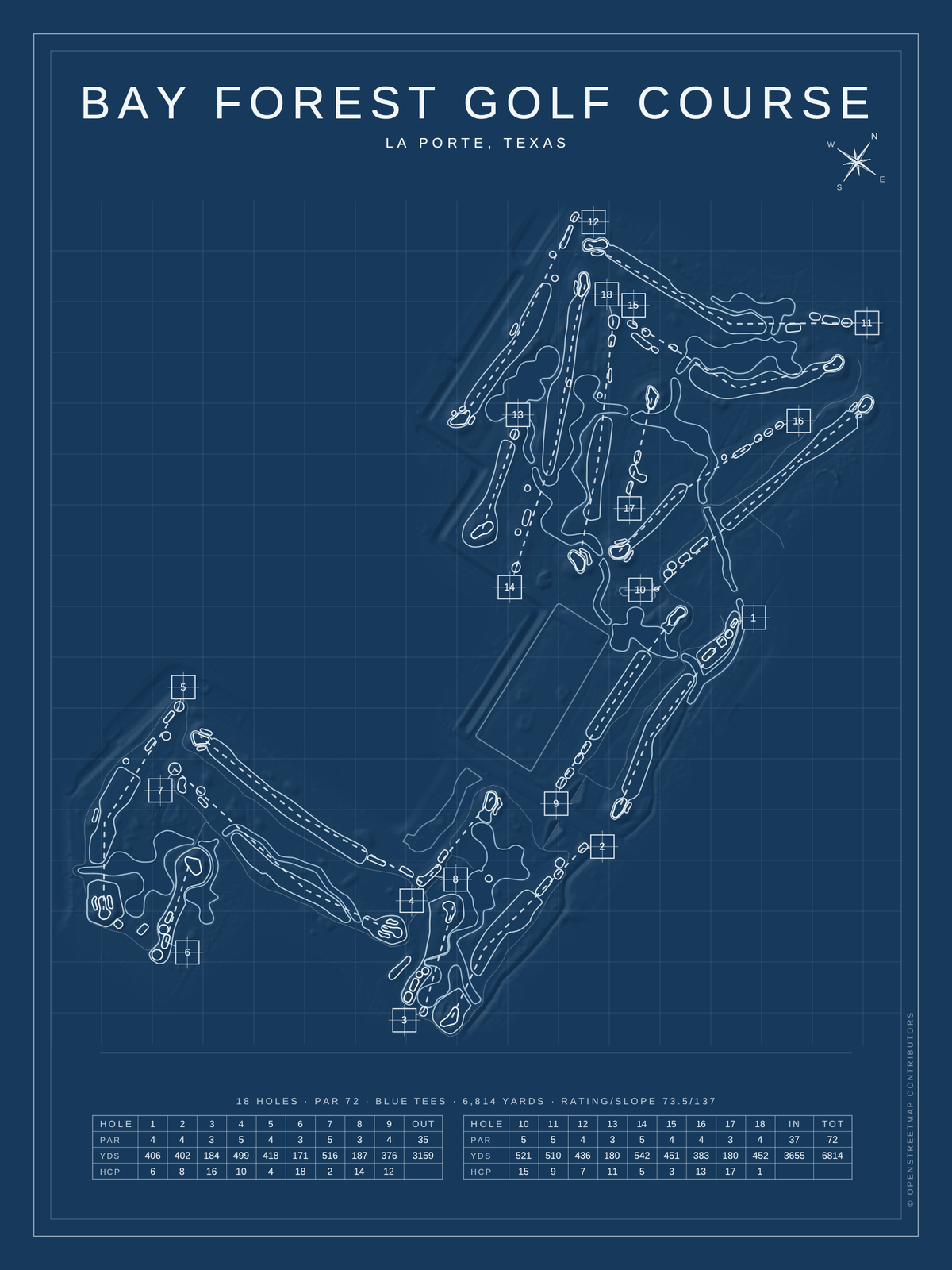 Bay Forest Golf Course map poster, Blueprint style, 12×16 / 18×24