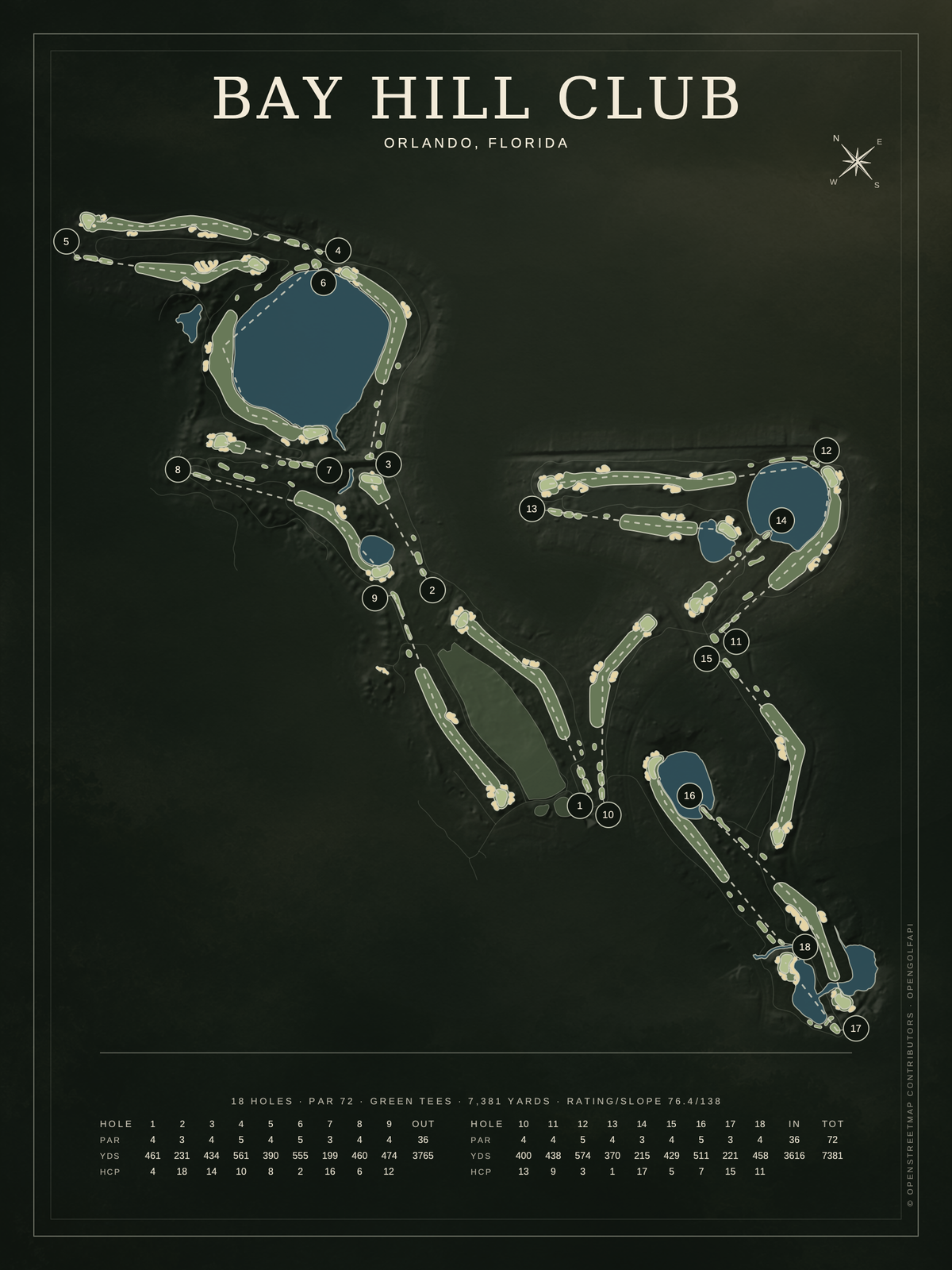 Bay Hill Club course map poster, Architectural style, 12×16 / 18×24