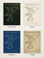 Bay Hills Golf Club course map poster in four styles: Architectural, Classic, Blueprint and Vintage