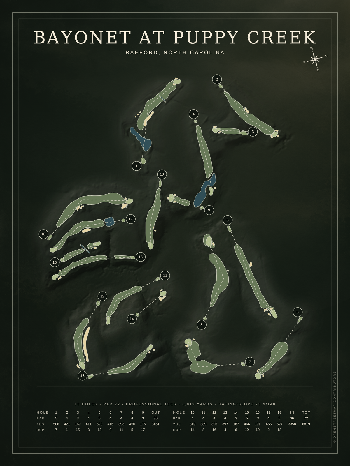 Bayonet at Puppy Creek course map poster, Architectural style, 12×16 / 18×24