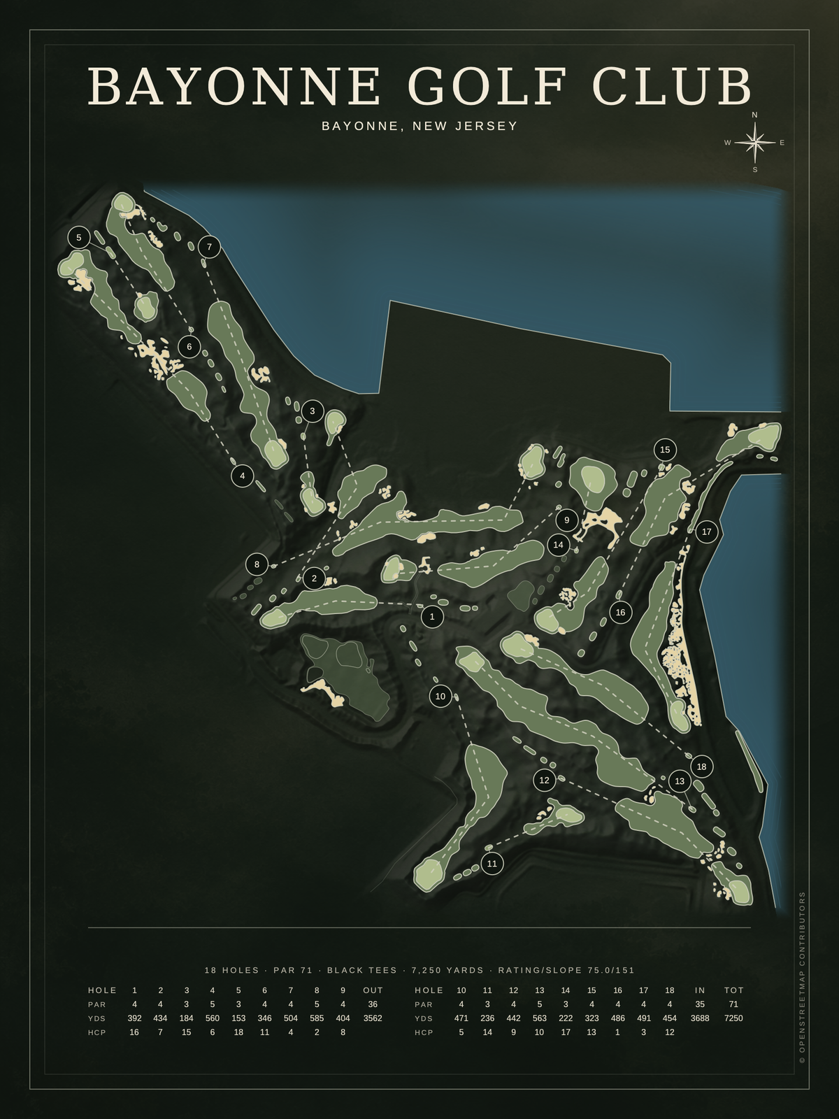 Bayonne Golf Club course map poster, Architectural style, 12×16 / 18×24